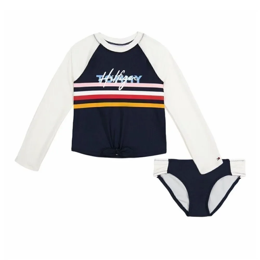 NWT Tommy Hilfiger Girls Two Piece Swim Suit Long Sleeve Set Size M 8/10